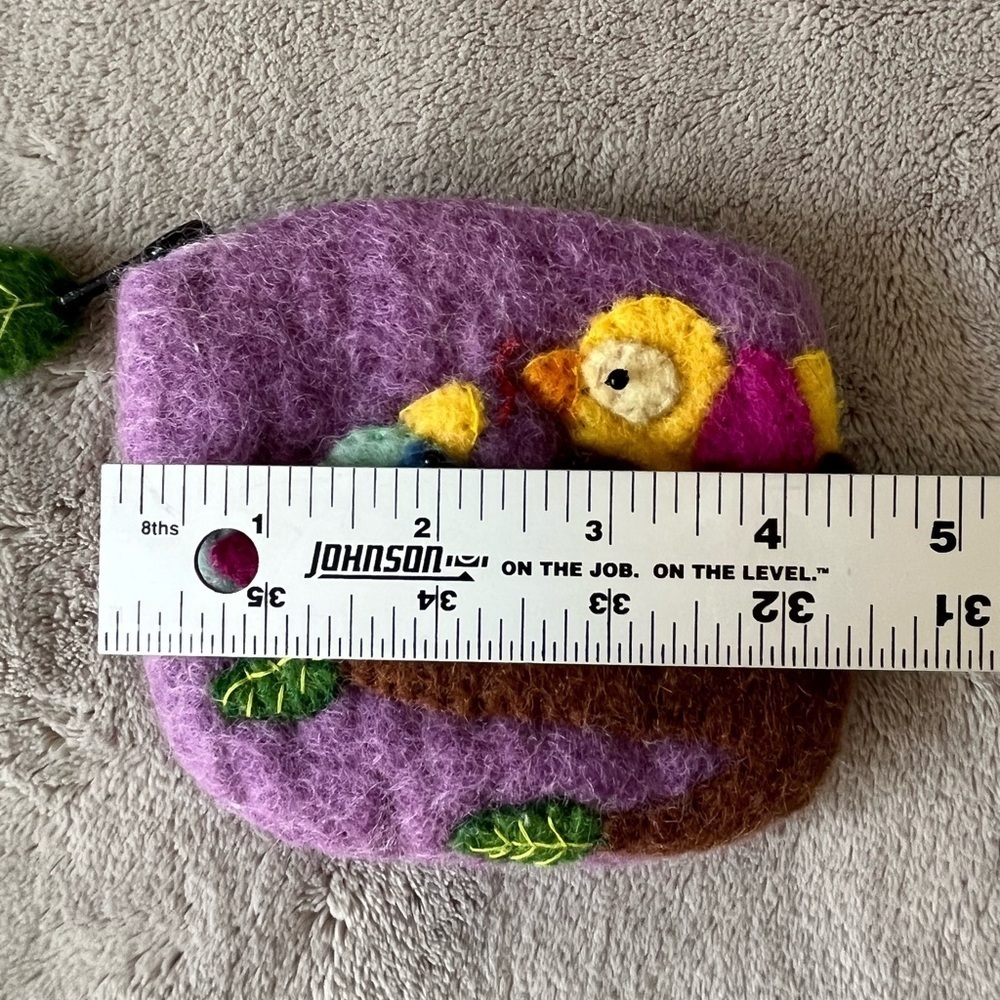 Felted Wool Coin Purse Birds Nest On a Branch Zipper Closure With Leaf Pull - Picture 7 of 8
